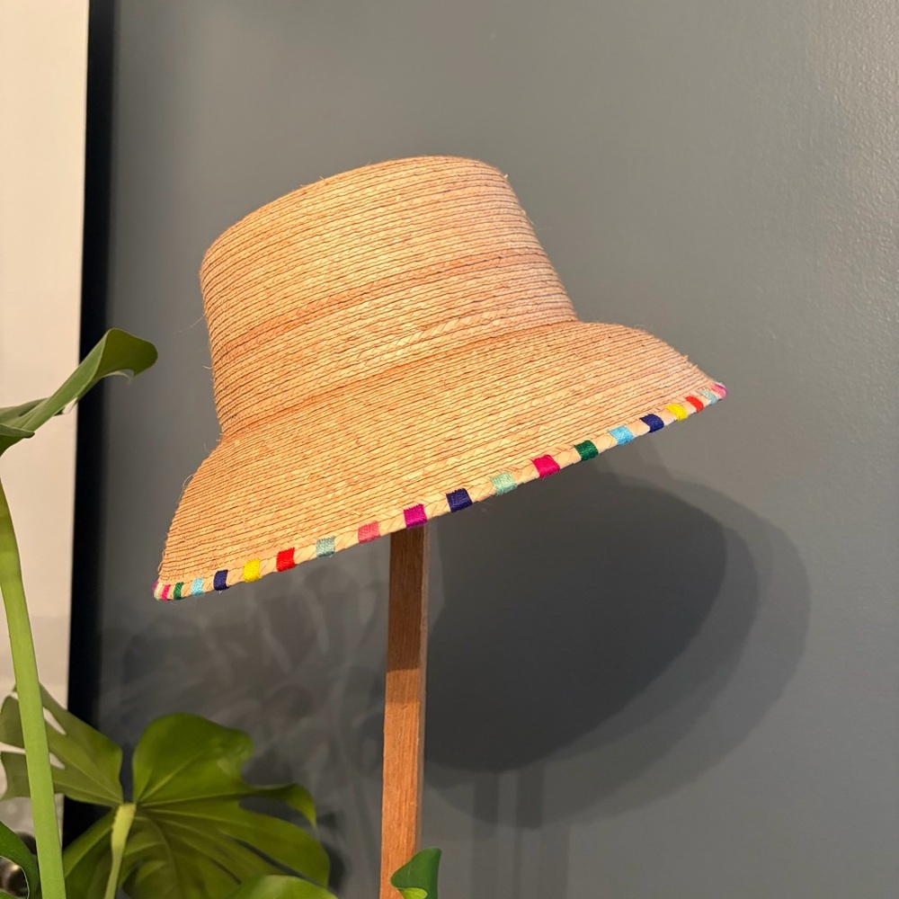 Sunshine Tienda Straw Hat with Multi-Color Accents Around Brim. Worn once